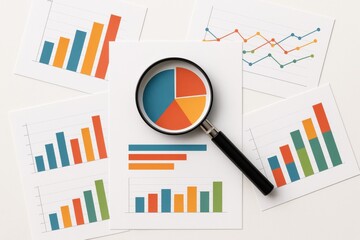 Magnifying glass highlights a pie chart amid various colorful bar and line charts on scattered sheets, depicting data analysis and business metrics.