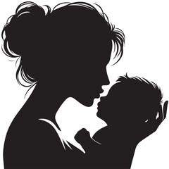 Minimalist Silhouette of a Mother Hugging Her Baby in Circle FrameA heartfelt vector showing a mother warmly hugging her child. Designed in full black silhouette with clean outlines on white backgroun