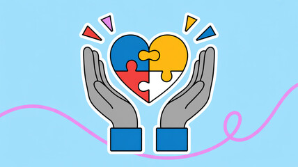 A digital illustration of two gray hands with blue sleeves cupping a colorful heart-shaped puzzle piece design against a light blue background