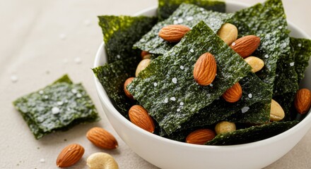 Seaweed Snacks with Almonds and Cashews - Delicious crispy seaweed snacks seasoned with sea salt and topped with crunchy almonds and cashews. Healthy and flavorful snack