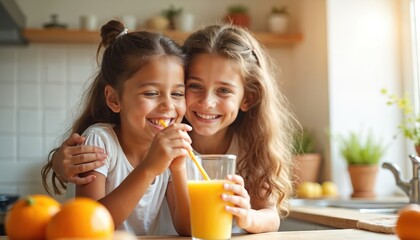 Two young girls drink orange smoothie juice in kitchen. Happy smiling faces, healthy breakfast for children. Two sisters enjoying fresh cocktail. Tasty delicious food with fruits. Healthy nutrition.
