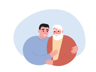 
Son supports, hugs elderly parent with gray hair. Men of different generations. Helping old grandfather. Vector flat graphics.