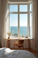 Modern bedroom features wooden desk near large window with ocean view. Natural light floods space, ideal for work relaxation. Interior design reflects calmness, comfort. Stylish, serene, minimalist
