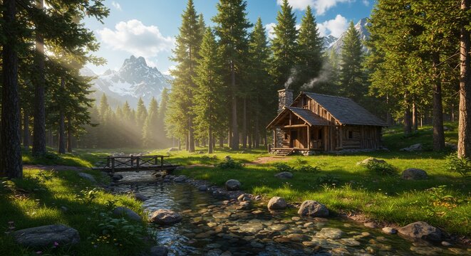 Tranquil cabin by mountain stream