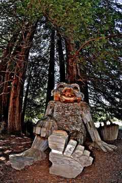 &ldquo;The Painting Troll&rdquo; by Thomas Dambo, Inspired by nature and made entirely out of recycled materials leans against redwood tree