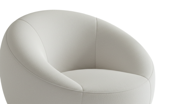Close up of a modern white swivel chair with a curved back against a black background space for text