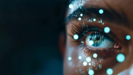 Close up of woman eye with digital data. Concept of biometric scan, artificial intelligence, face recognition footage. - Powered by Adobe