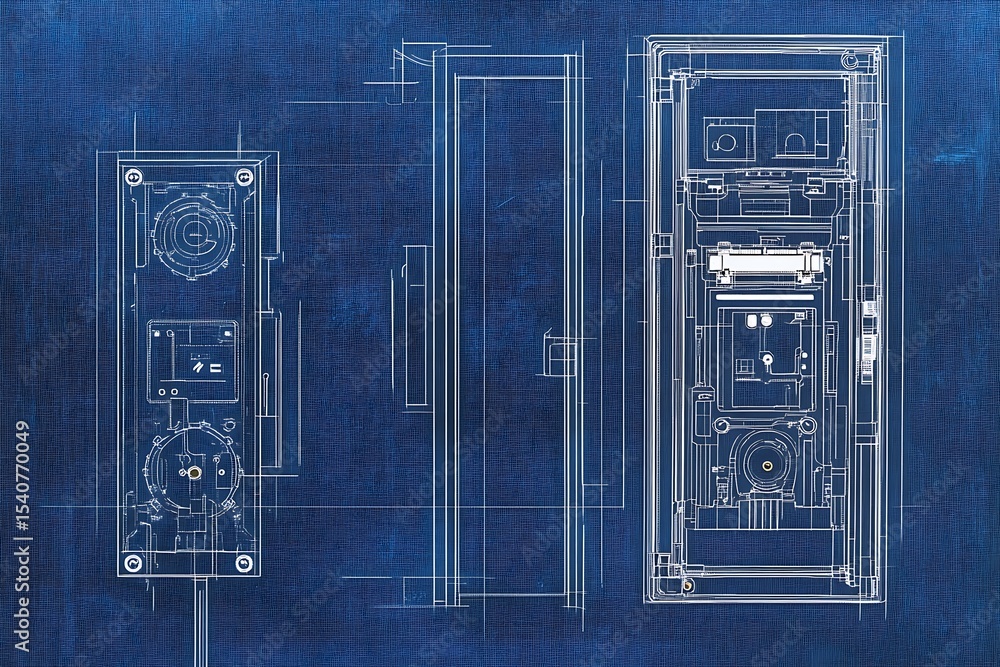 Poster a blueprint of a smart door lock showing locking mechanism, bluetooth chip, and motor section
