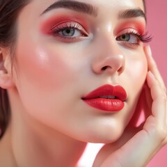 Naklejka premium Close-up of radiant skinned makeup model with red lipstick. Flawless face, soft skin, bright red eyeshadow, perfect makeup look for cosmetics advertising campaign. Beauty, elegance, allure, radiant