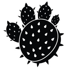 Illustrated prickly pear cactus, monochrome icon of succulent with spines and glochids details