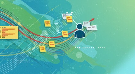 Strategic Planning and Growth - Abstract illustration showing a person progressing along a path of interconnected ideas and tasks, representing strategic planning and growth