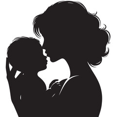 Loving Mother Kissing Baby Silhouette &ndash; Minimal Black and White VectorHigh contrast silhouette of a mother kissing her baby&rsquo;s forehead, designed in a minimalist circular vector style. Perfect for mate