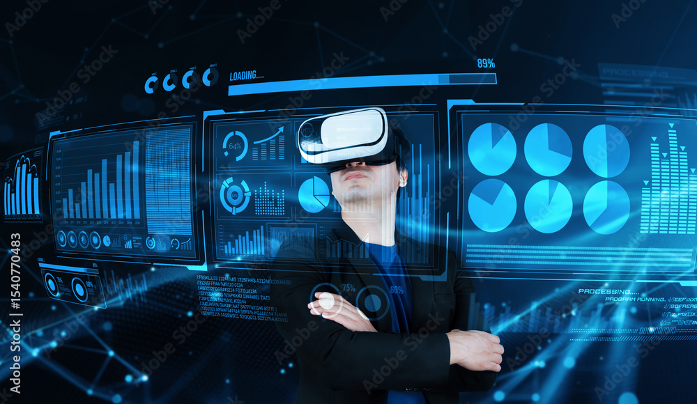 Poster smart business man with goggles working while using ai technology. manager accessing at global netwo