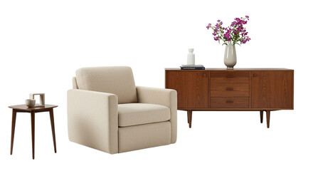 A living room scene with a beige armchair, wooden cabinet, and a small side table with decor