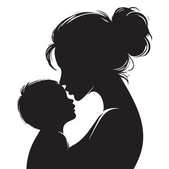 Loving Mother Kissing Baby Silhouette &ndash; Minimal Black and White VectorHigh contrast silhouette of a mother kissing her baby&rsquo;s forehead, designed in a minimalist circular vector style. Perfect for mate
