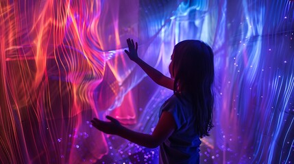 Child interacting with vibrant light display.