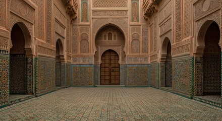 Taourirt Kasbah Courtyard: Moroccan Architectural Splendor - Intricate tilework, ornate doors, and sandstone architecture of a Moroccan Kasbah courtyard symbolize history, craftsmanship, artistry,