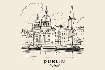 Fototapeta premium Dublin city skyline with boats hand drawn sketch vector illustration