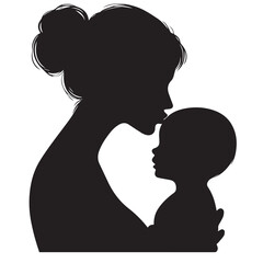 Loving Mother Kissing Baby Silhouette &ndash; Minimal Black and White VectorHigh contrast silhouette of a mother kissing her baby&rsquo;s forehead, designed in a minimalist circular vector style. Perfect for mate