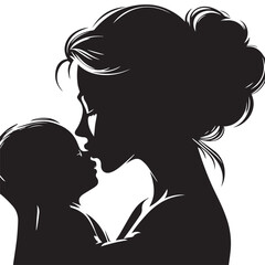 Loving Mother Kissing Baby Silhouette &ndash; Minimal Black and White VectorHigh contrast silhouette of a mother kissing her baby&rsquo;s forehead, designed in a minimalist circular vector style. Perfect for mate