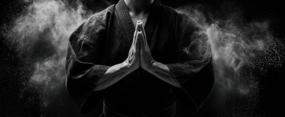 The martial artist in a serene pose surrounded by ethereal dust.