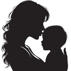 Loving Mother Kissing Baby Silhouette &ndash; Minimal Black and White VectorHigh contrast silhouette of a mother kissing her baby&rsquo;s forehead, designed in a minimalist circular vector style. Perfect for mate