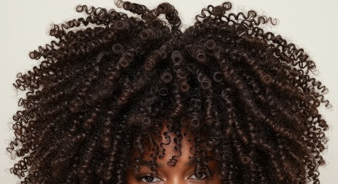 Voluminous Curly Hair Texture - Close-up view of a woman's voluminous, dark brown curly hair. The curls are tight and well-defined