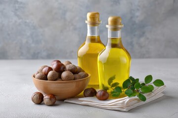 Two bottles of oil a bowl of nuts and foliage sit on a cloth