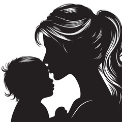 Loving Mother Kissing Baby Silhouette &ndash; Minimal Black and White VectorHigh contrast silhouette of a mother kissing her baby&rsquo;s forehead, designed in a minimalist circular vector style. Perfect for mate