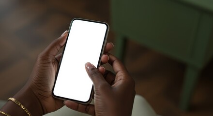 Woman Using Smartphone Blank Screen - Close up of black woman's hands holding smartphone with blank white screen