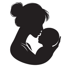 Loving Mother Kissing Baby Silhouette &ndash; Minimal Black and White VectorHigh contrast silhouette of a mother kissing her baby&rsquo;s forehead, designed in a minimalist circular vector style. Perfect for mate