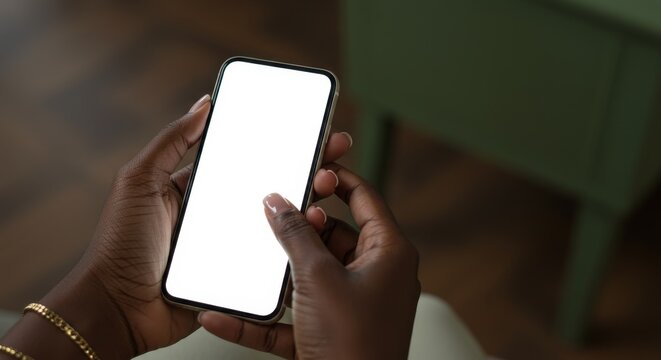 Woman Using Smartphone Blank Screen - Close up of black woman's hands holding smartphone with blank white screen