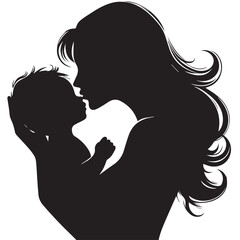 Loving Mother Kissing Baby Silhouette &ndash; Minimal Black and White VectorHigh contrast silhouette of a mother kissing her baby&rsquo;s forehead, designed in a minimalist circular vector style. Perfect for mate