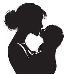 Minimalist Silhouette of a Mother Hugging Her Baby in Circle FrameA heartfelt vector showing a mother warmly hugging her child. Designed in full black silhouette with clean outlines on white backgroun