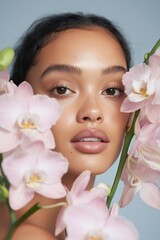 Beauty portrait featuring a model framed by delicate pink orchids with a soft blue background at a studio setting