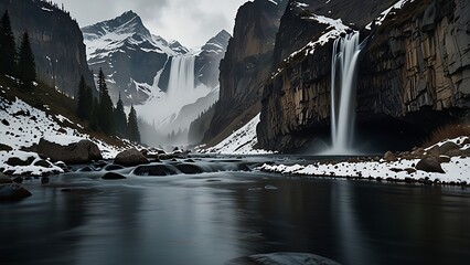 Frozen Peak Waterfall Pouring with Force from a Snow-Draped Cliffside into a Rocky Valley Below