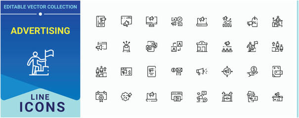 Advertising line icon set. Promotion icon. Marketing Promotion minimalist icons pack. Minimalist editable vector stroke. Editable vector art.