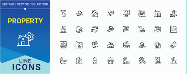 Property icon set. Featuring estate, mortgage, building, commercial, construction and more. Real Estate linear icon collection. Minimalist icons collection. Editable vector.