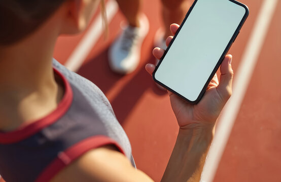 Young woman runner on track in stadium uses smartphone. Female athlete selects music on phone app before run. Healthy lifestyle. Sport, fitness, exercise concept. Modern tech for training.