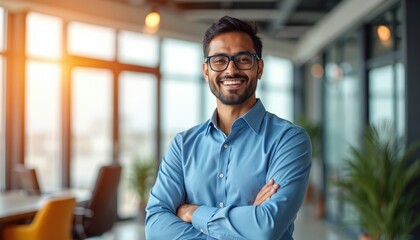 Obraz premium Smiling South Asian man in business casual attire, standing confidently. Happy face, positive vibes. Tech company office background. Successful businessman in shirt. Crossed arms portrait.