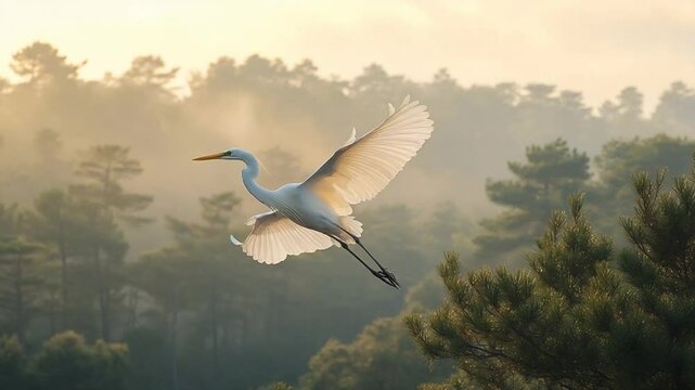 Great Egret Sunrise Flight with Forest, and Nature.