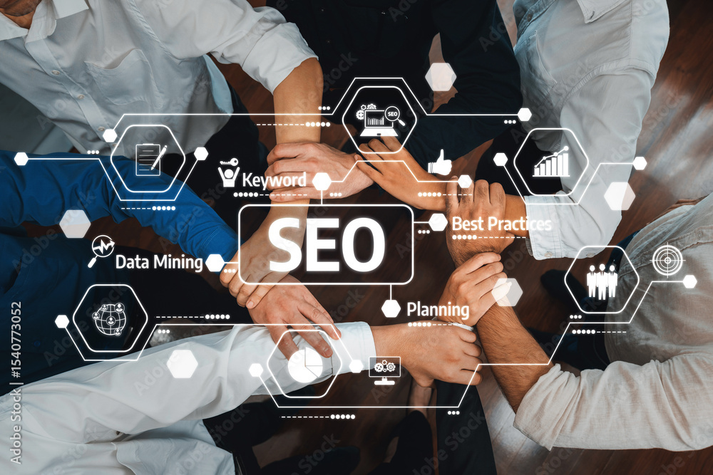 Aufkleber a dynamic image illustrating team collaboration in seo strategy with hands joining around a central 