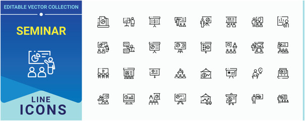 Seminar modern icon set. Containing speak, present, conference, teamwork, brainstorm, audience and more. Presentation linear icon collection. Icons for UI designs. Vector illustration.