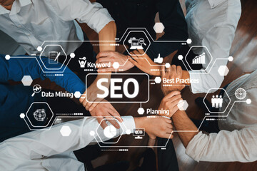 A dynamic image illustrating team collaboration in SEO strategy with hands joining around a central...