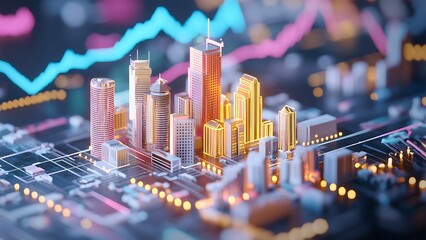 A miniature cityscape representing financial trends, with an integrated circuit board and vibrant economic data