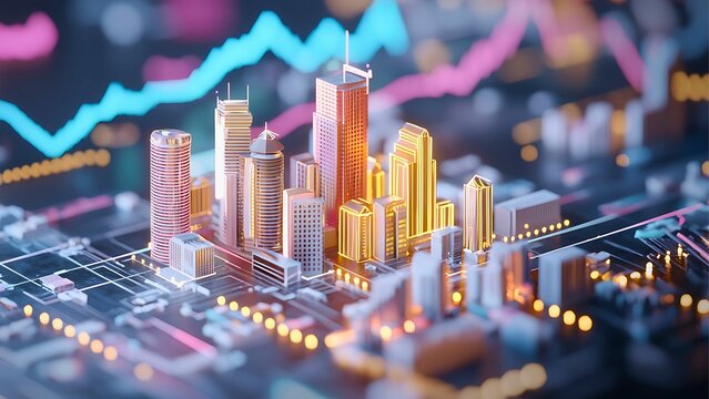 A miniature cityscape representing financial trends, with an integrated circuit board and vibrant economic data - Powered by Adobe