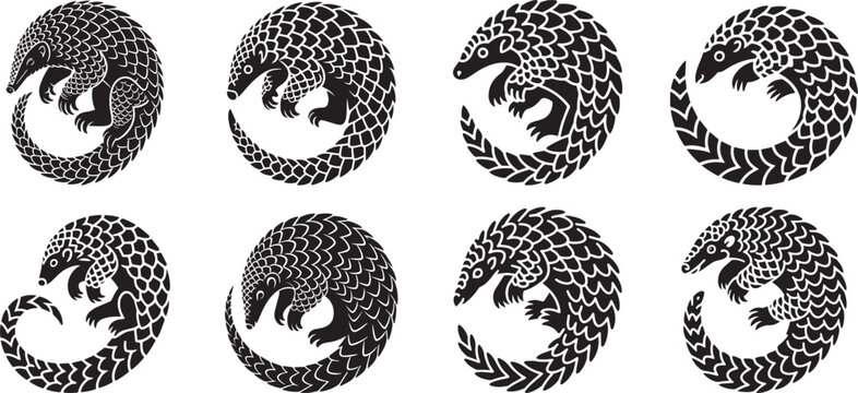 Eight stylized pangolins curled in circles. eps-10