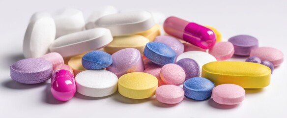 The assortment of colorful pills and capsules on a white background