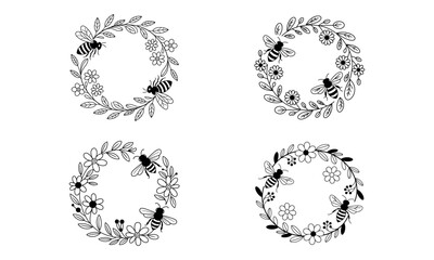 Hand drawn decorative bee and floral wreath vector set in black and white style
