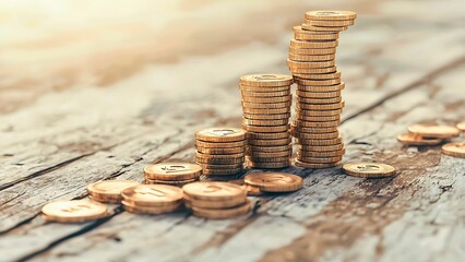 Golden coins stacked on a wooden surface, the image suggests wealth and financial growth